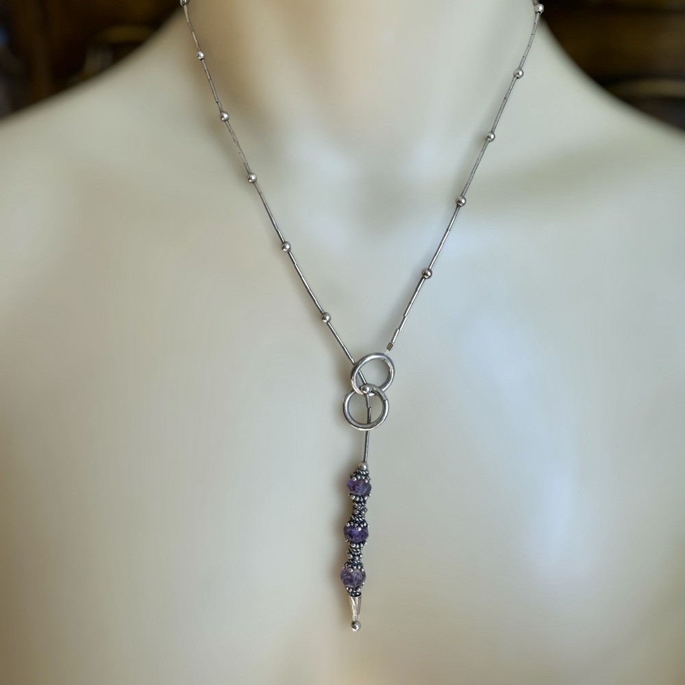 Vintage Beaded‎ Necklace 20 Inch Faceted Purple Amethyst  Liquid Silver Tone